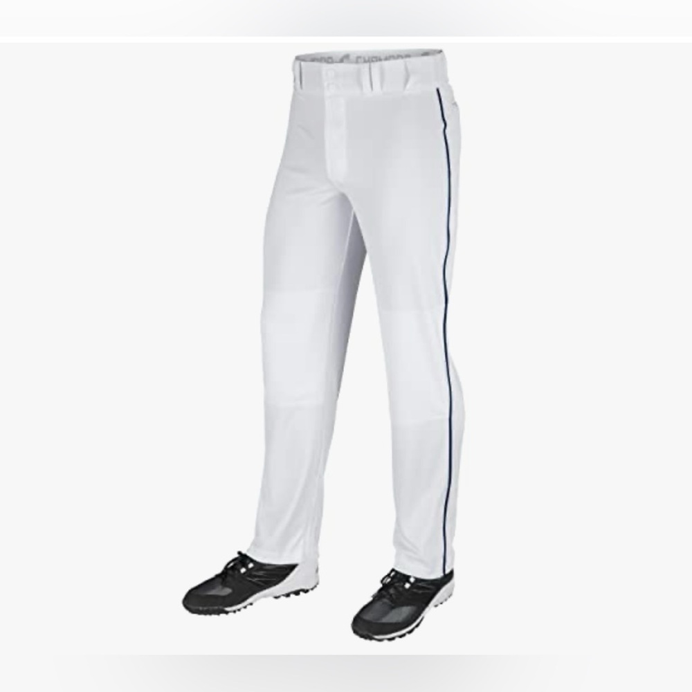 Kids White Baseball Pants with Navy Piping